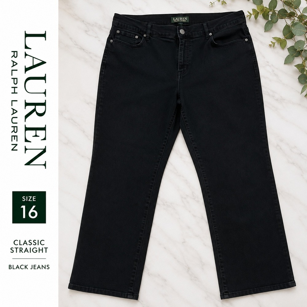 Lauren Ralph Lauren Jeans 16 Black Denim Classic Straight Leg Stretch Mid Rise